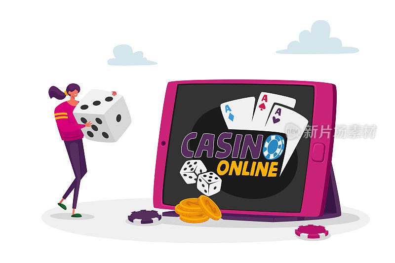女人的游戏，在互联网上赚钱，在线收入，赌博。Tiny Female Huge Dice for Poker Game at Huge Tablet